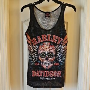 Harley-Davidson Black and Orange Skull Tank Top